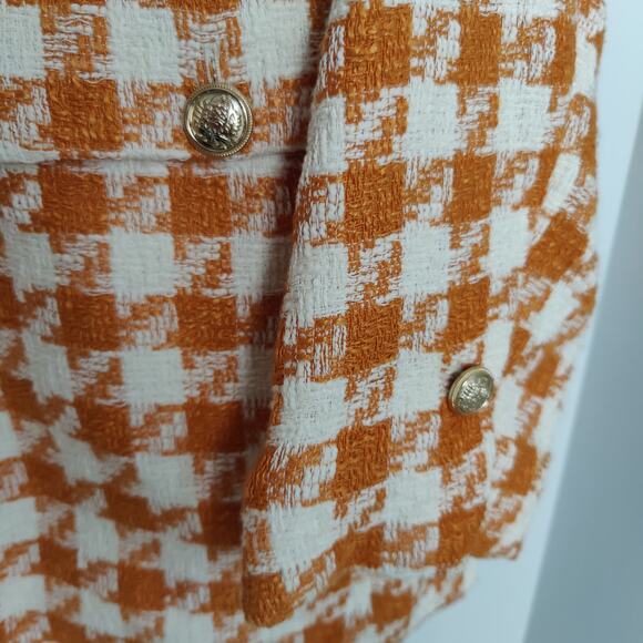 H&M Women's Sz XL Orange Houndstooth Tweed Oversize Blazer Gold Buttons - Picture 3 of 7